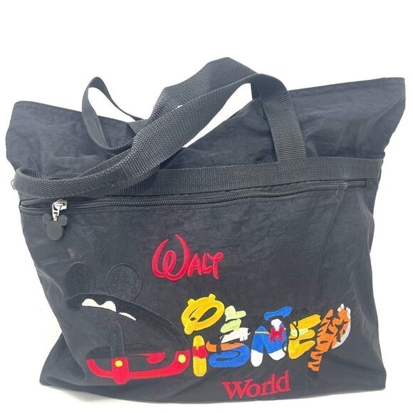Walt Disney World Black Embroidered Winnie The Pooh Nylon Tote Bag Zip Top - Picture 1 of 3